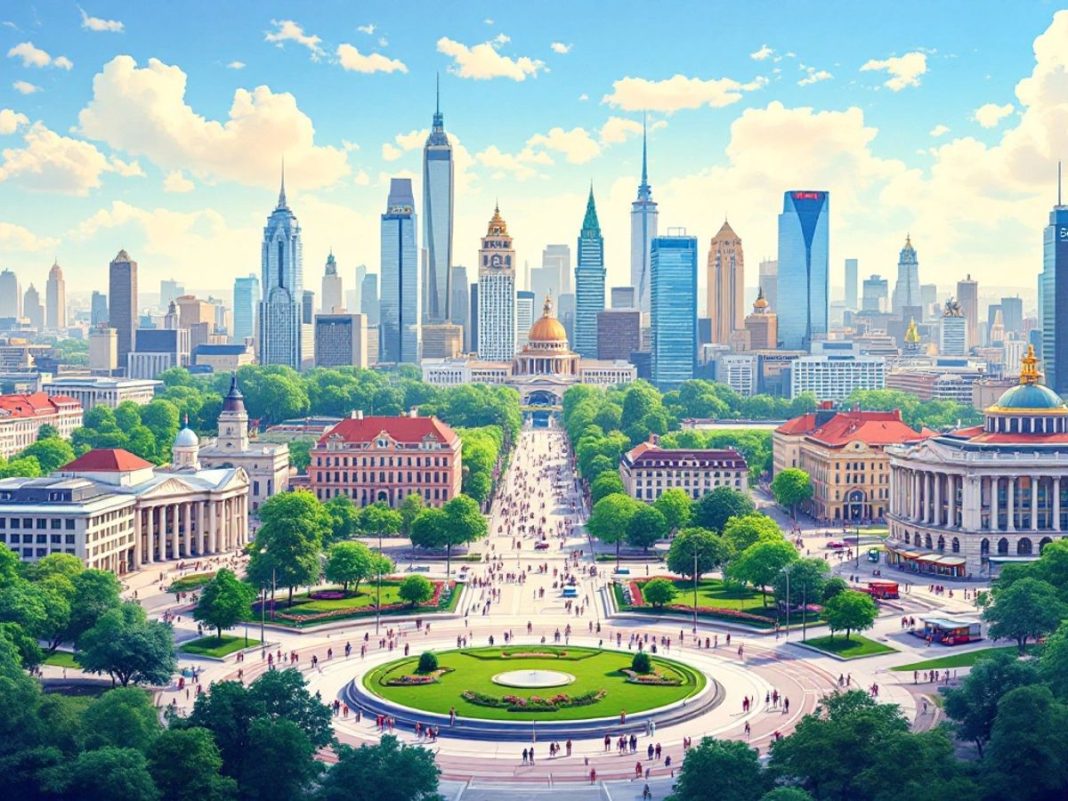 Modern Romanian cityscape with people and greenery.