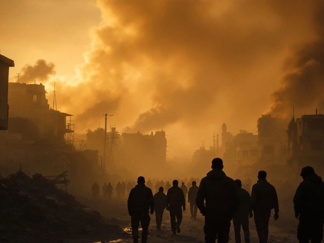 Destruction in Gaza with smoke and silhouettes of people.