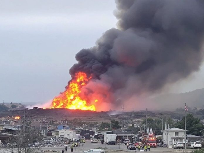 Fire and smoke at Tsalapitsa landfill emergency response.