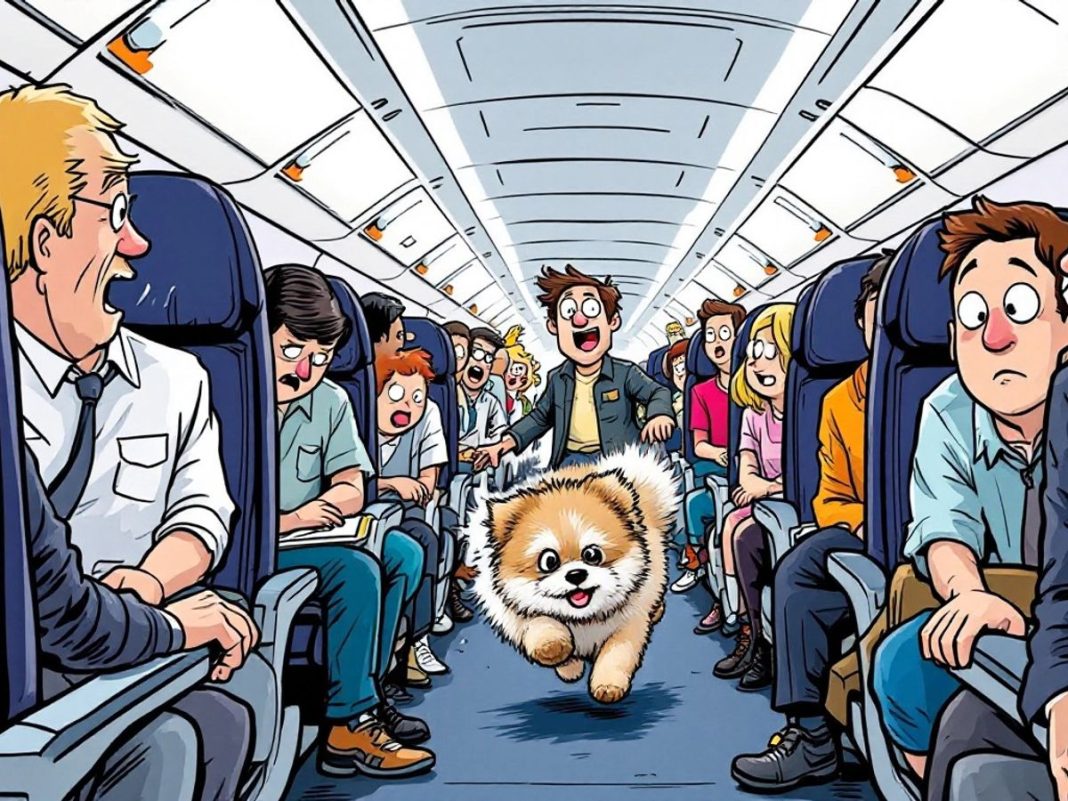 Dog running in airplane cabin with surprised passengers.