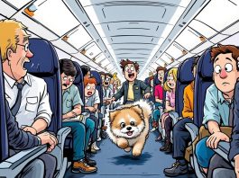 Dog running in airplane cabin with surprised passengers.