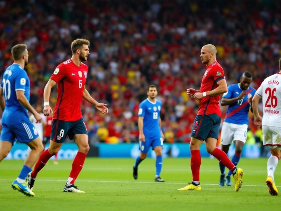 Wales and Montenegro players competing on the football field.