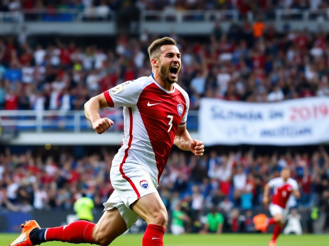 Jan Mlakar celebrating his goal for Slovenia.