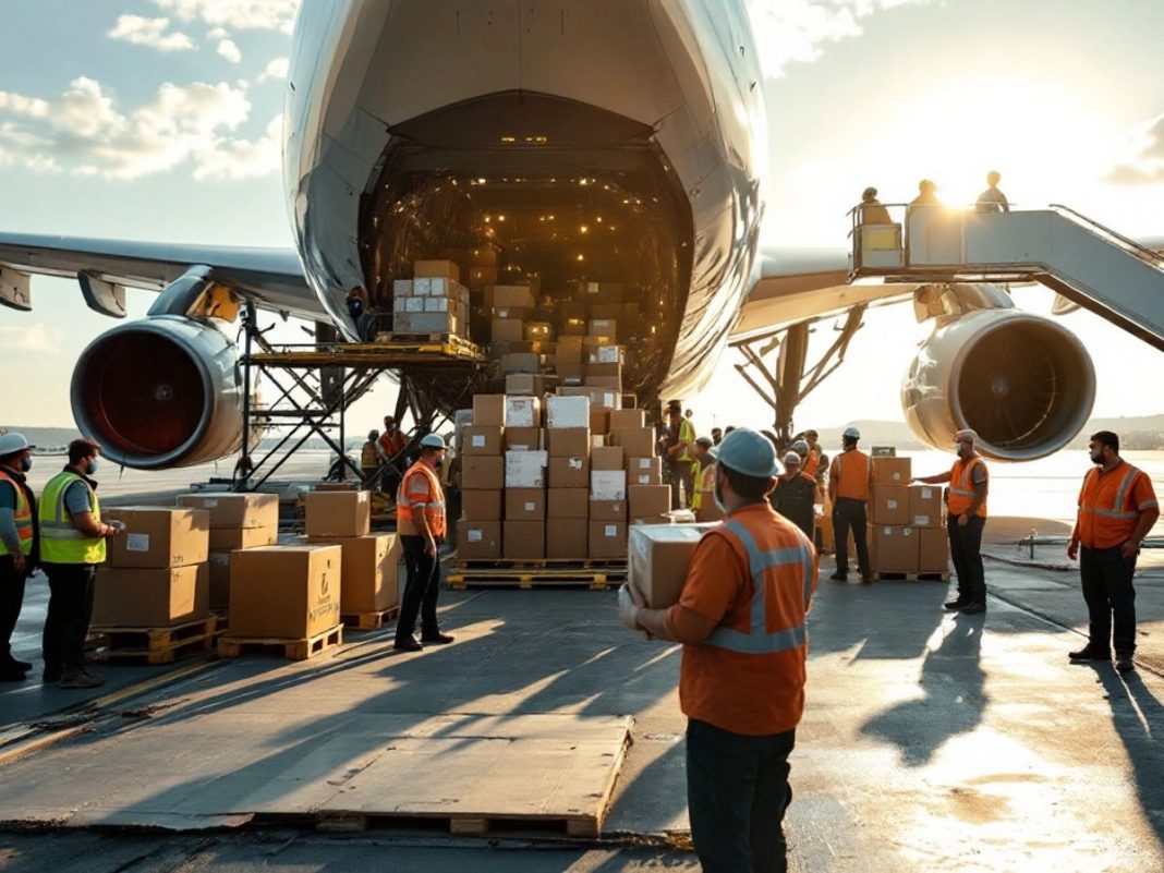 Humanitarian aid supplies being unloaded from a cargo plane.