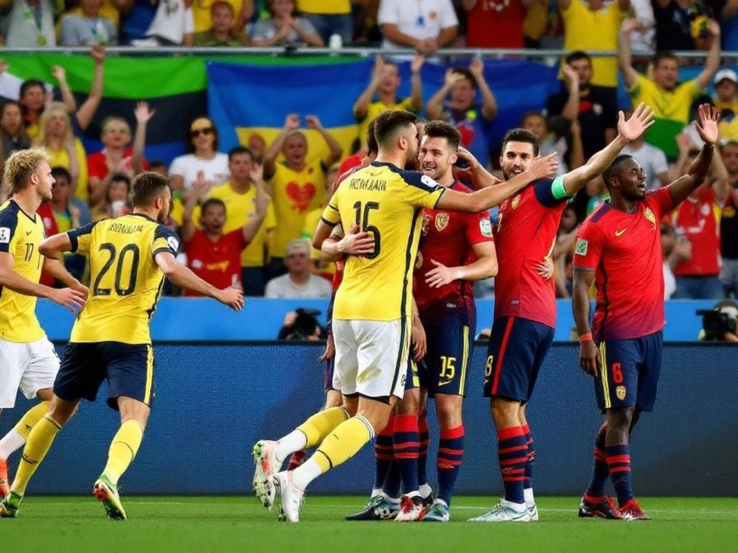 Romania players celebrating a goal against Lithuania.