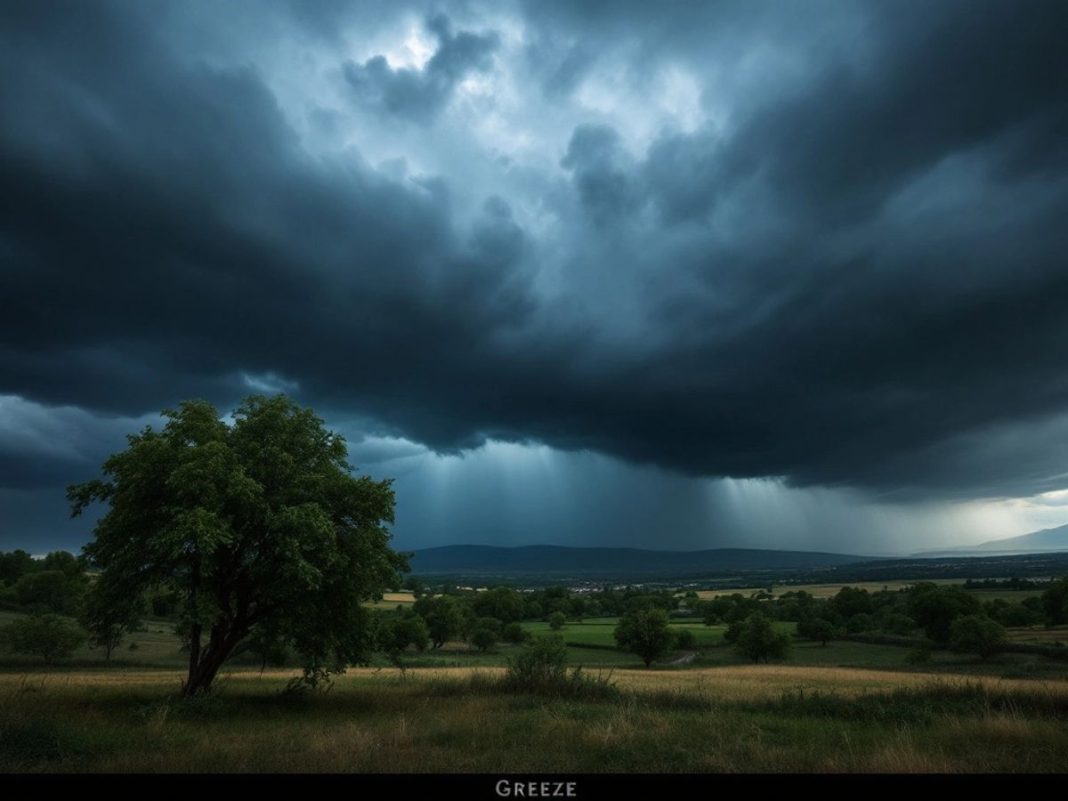 Dark storm clouds over a rural landscape in Greece.