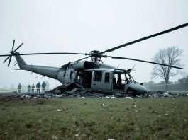 Helicopter wreckage with emergency responders at the scene.