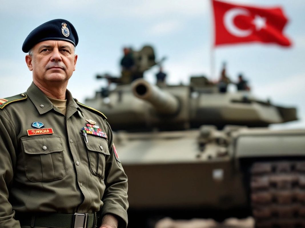 Turkish military officer with tank and flag backdrop.