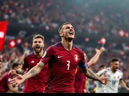 Serbian players celebrate a goal against Switzerland in soccer.