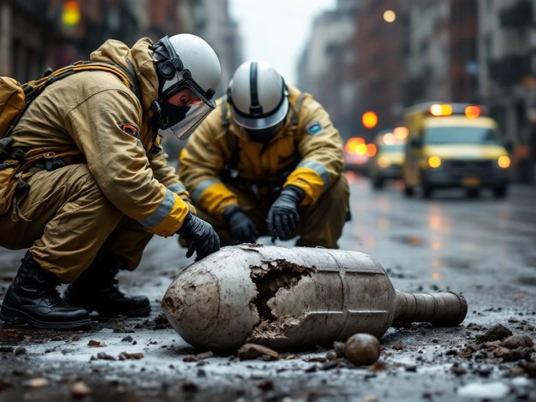 Bomb disposal team defusing WWII-era bomb in city.