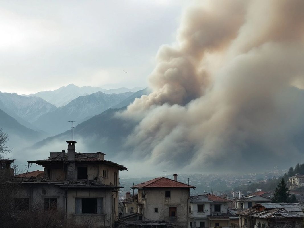 Balkans landscape showing earthquake damage and dust clouds.