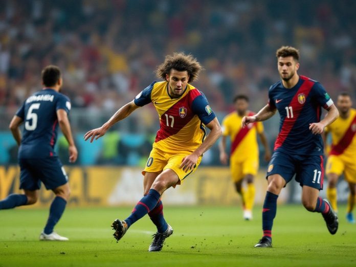 Romanian football players in action during a competitive match.