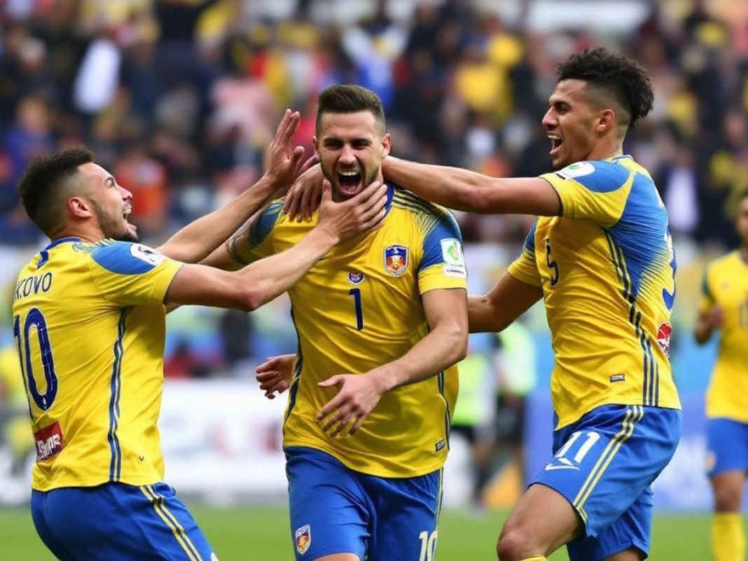 Kosovo players celebrate a goal against Cyprus in football.