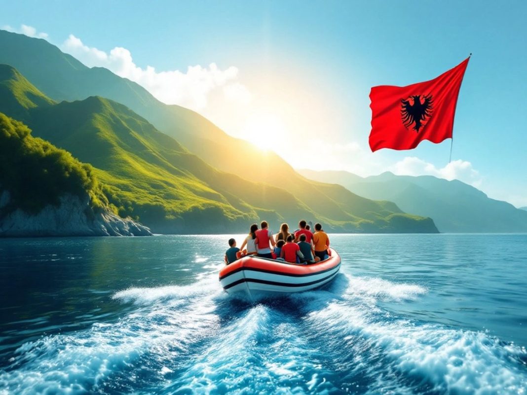 Boat with migrants near Italian coastline and flags.