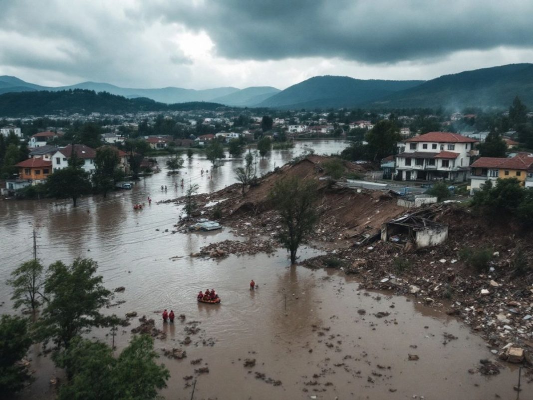 Flooded streets and landslides in Bosnia after disaster.