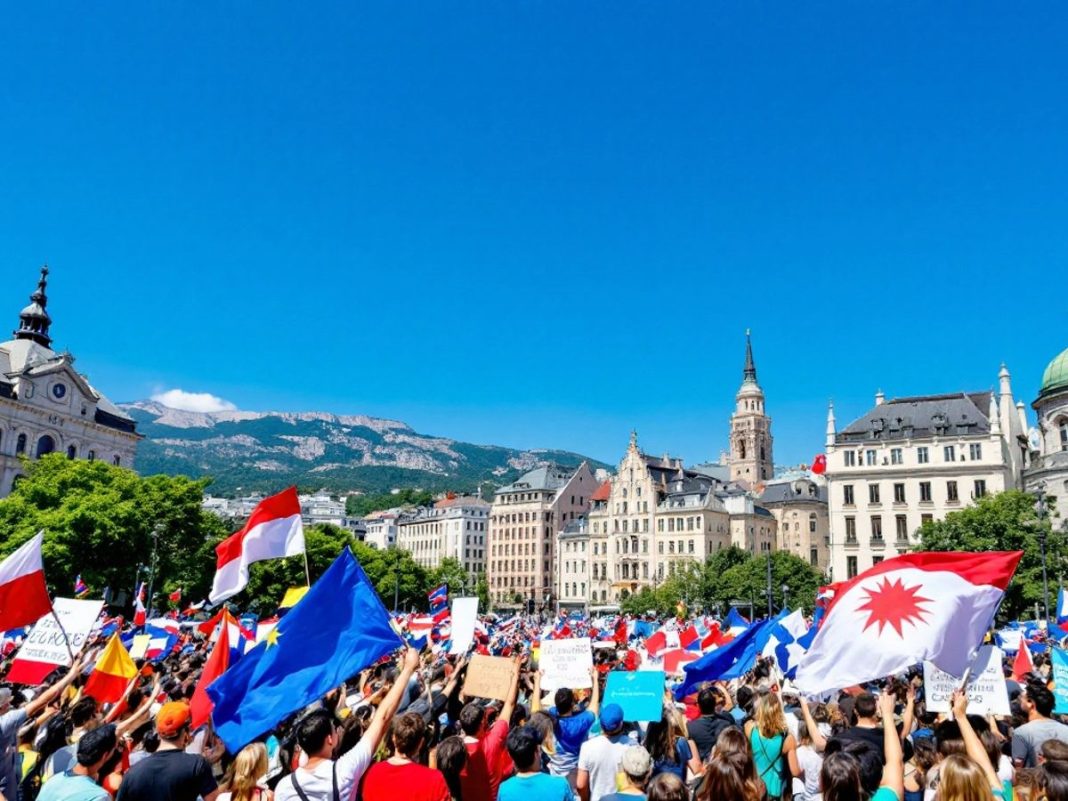 Crowd of supporters at a Montenegro election rally.