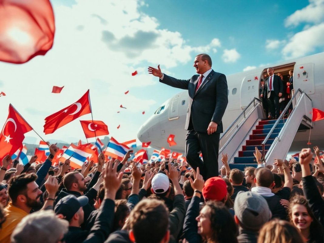 Erdogan greeted by crowds in Sarajevo with flags.