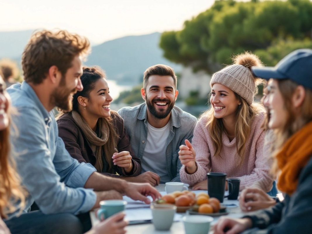 Diverse foreign workers collaborating in scenic Croatia.