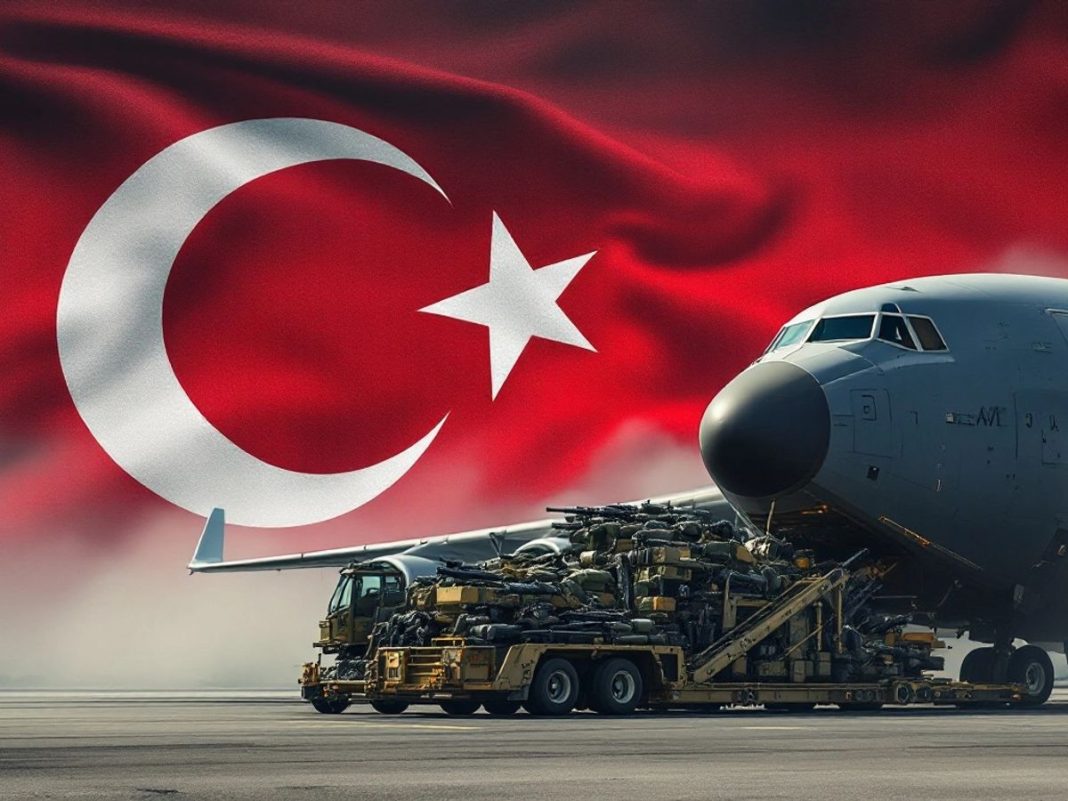 Military cargo plane with arms and Turkish flag backdrop.