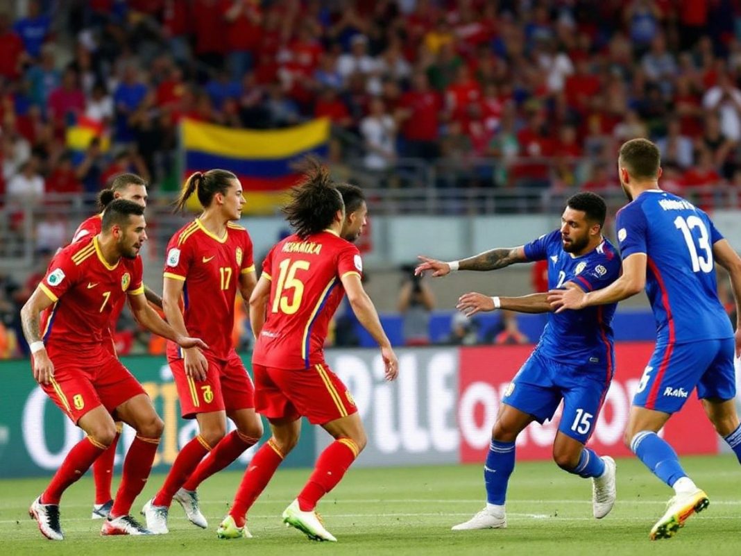 Romania U21 players in red competing against Montenegro U21 in blue.