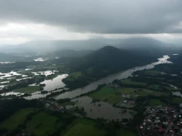 Flooded landscape of Jablanica and Konjic under dark clouds.