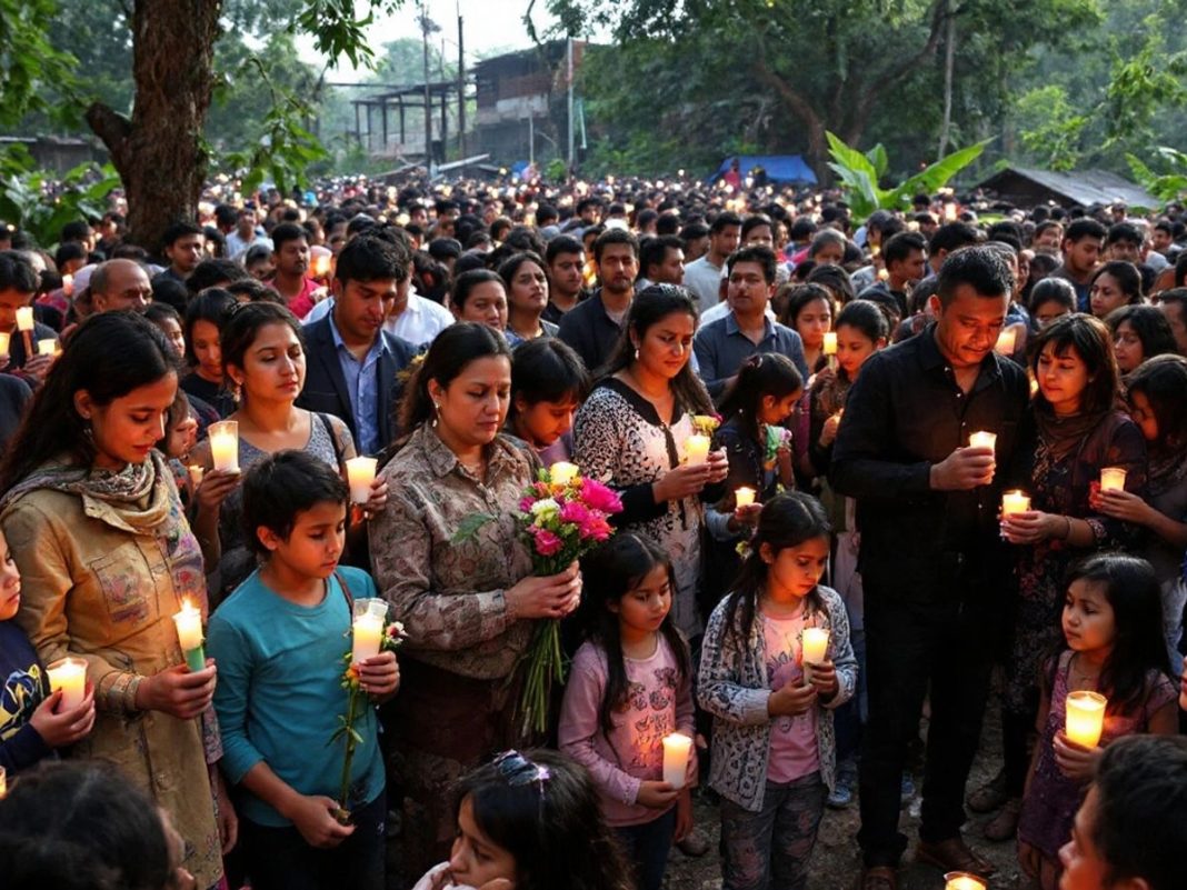 Crowd holding candles in memory of flood victims.