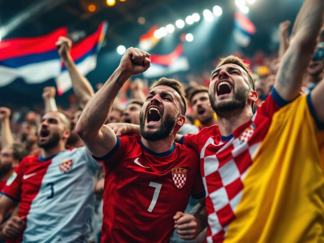 Serbian and Croatian fans celebrating during a football match.