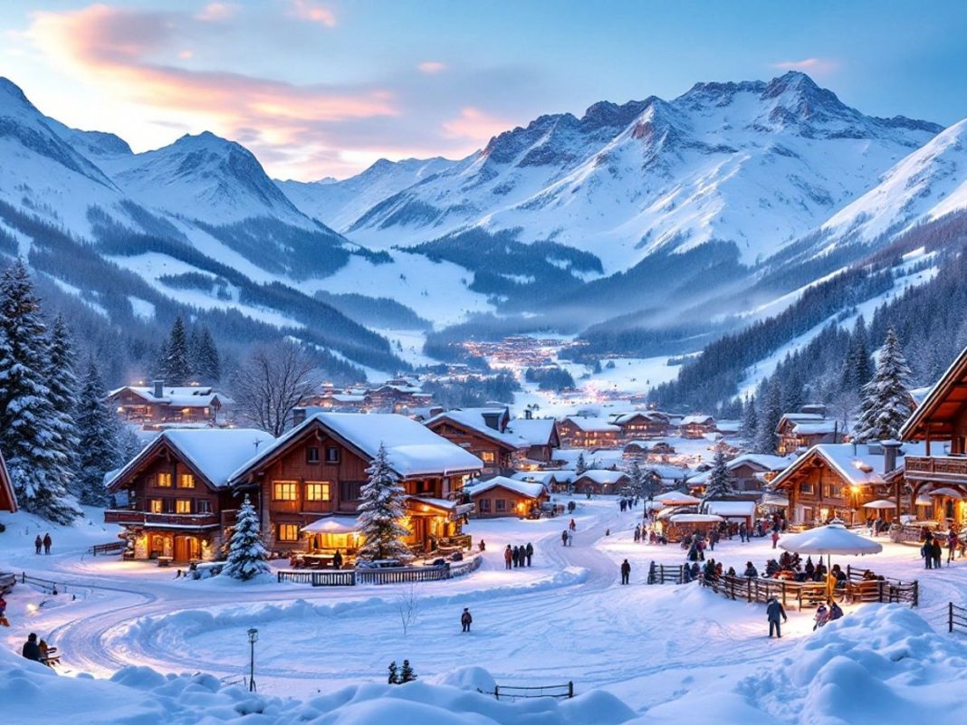 Snowy Bulgarian mountains with tourists in a ski resort.