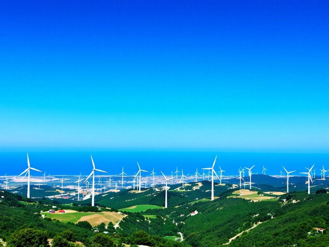 Aerial view of Senj Wind Farm with wind turbines.