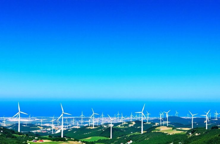 Aerial view of Senj Wind Farm with wind turbines.