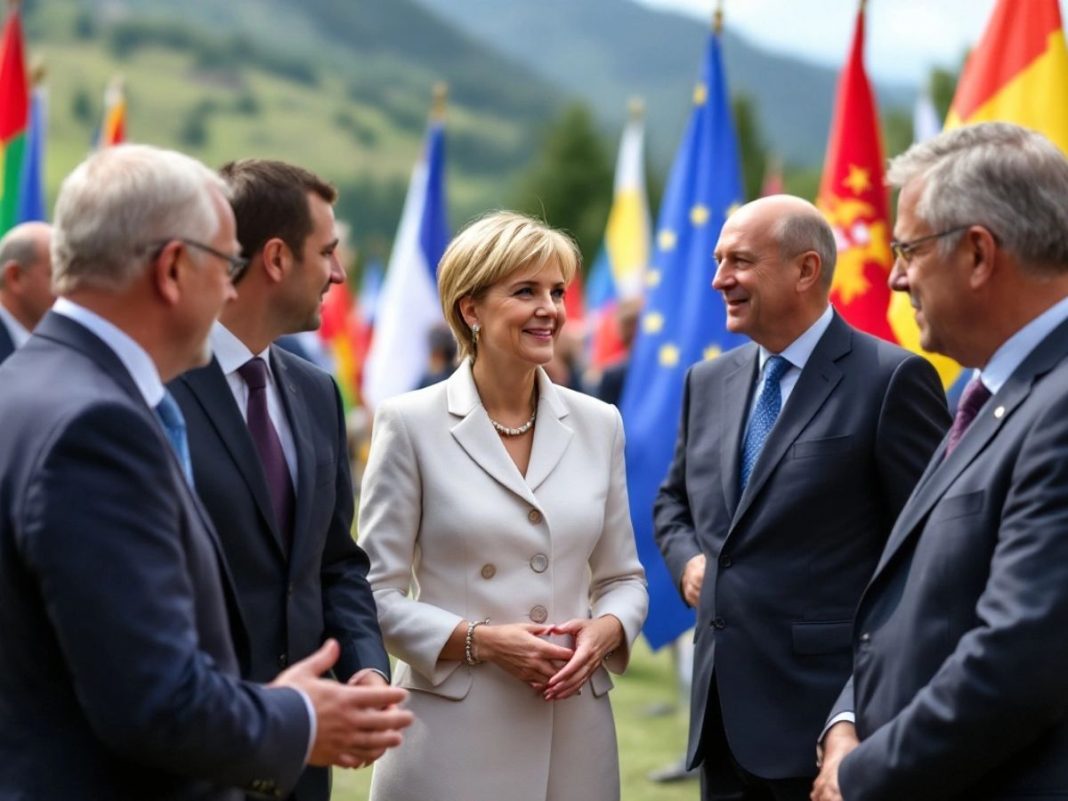 Ursula Von Der Leyen with Balkan leaders outdoors.