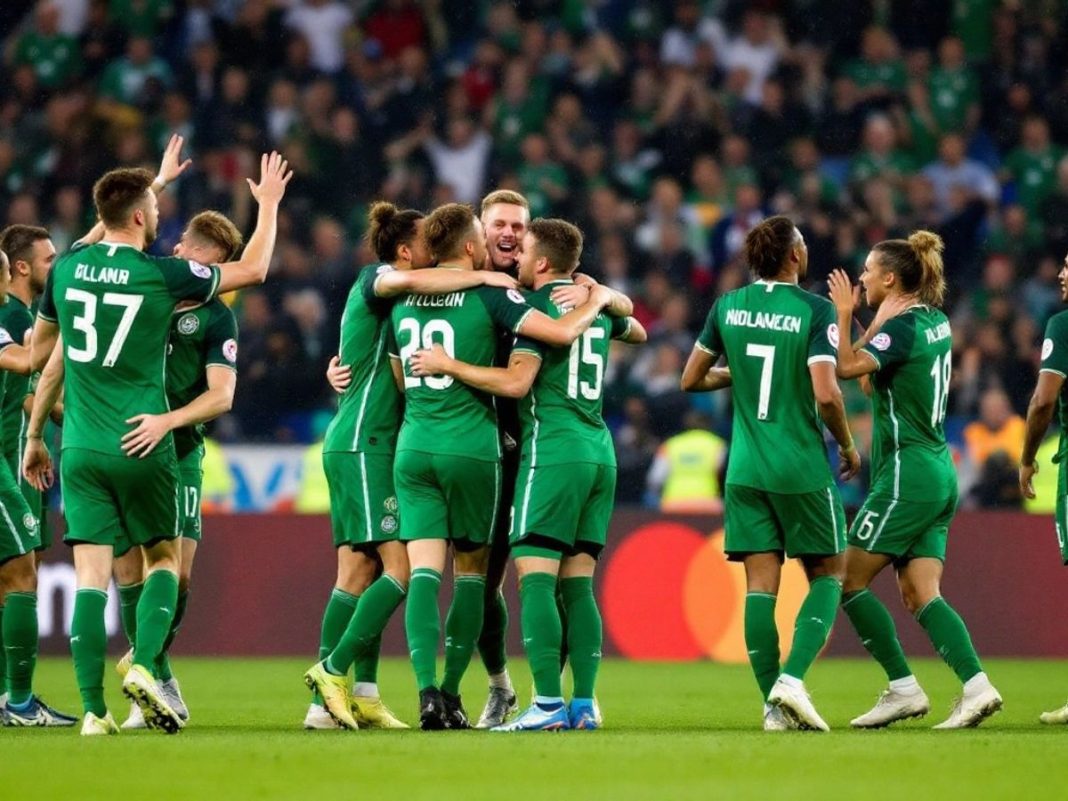 Northern Ireland players celebrating a 5:0 victory over Bulgaria.