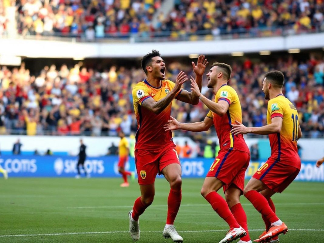 Romanian players celebrating a goal during the match against Cyprus.