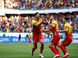 Romanian players celebrating a goal during the match against Cyprus.