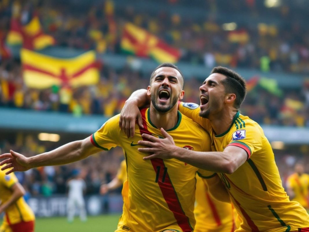 Ardit Hila celebrating his hat-trick with teammates.