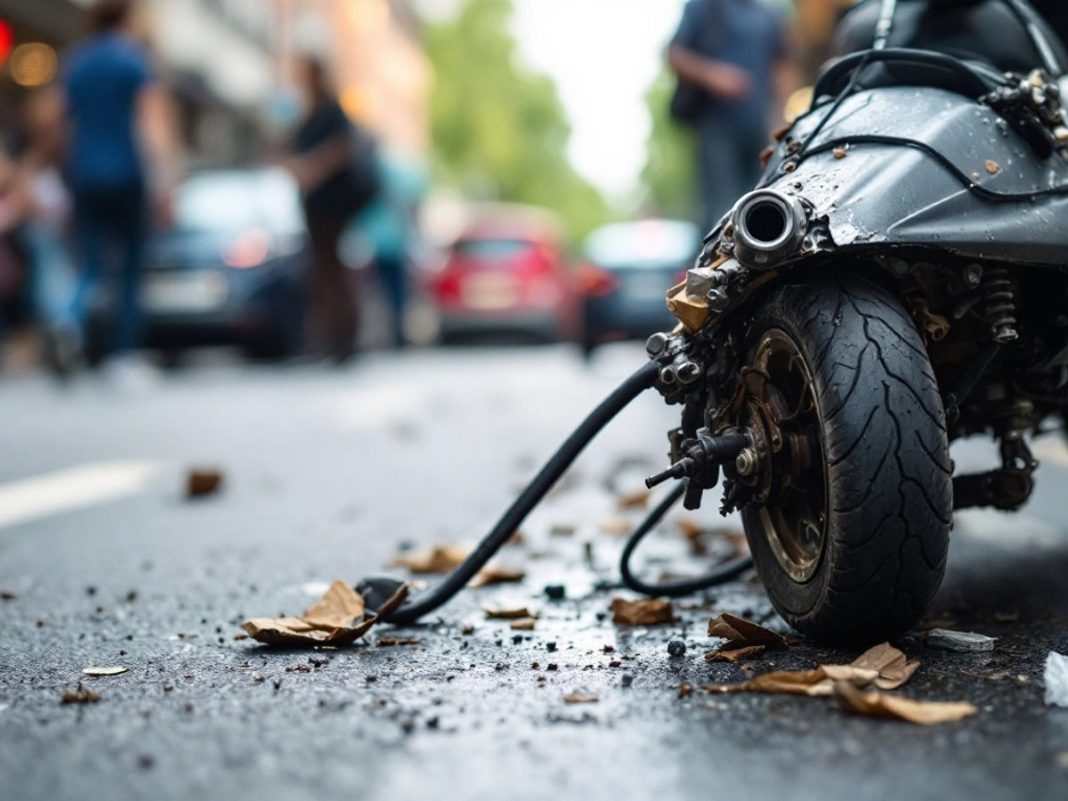 Damaged scooter on city street after an accident.