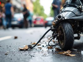 Damaged scooter on city street after an accident.