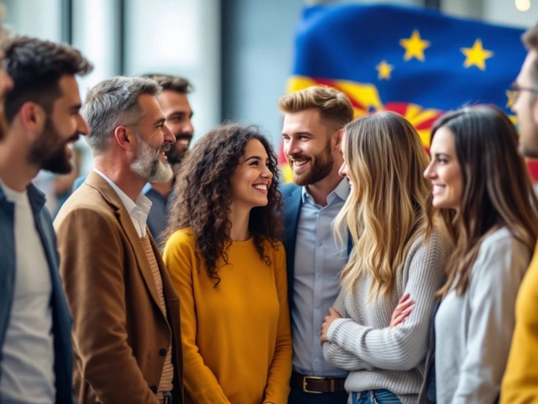 Diverse group discussing EU accession with flags in background.