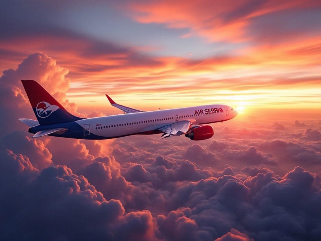 Air Serbia flight in a colorful sunset sky.