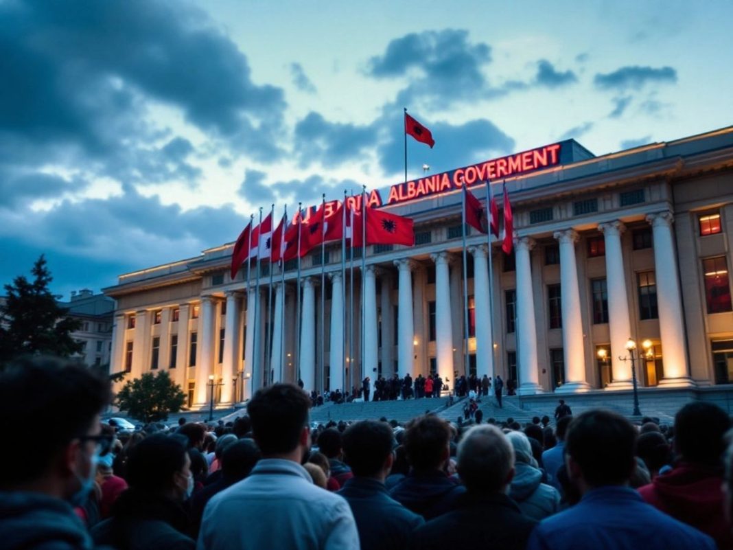 Crowd outside a government building in Albania.