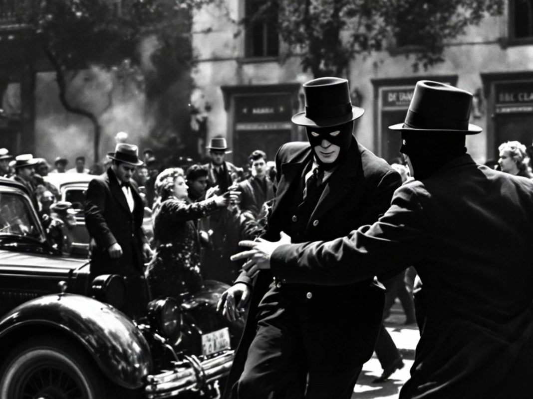 1930s bank robbery scene in Albania with masked robbers.