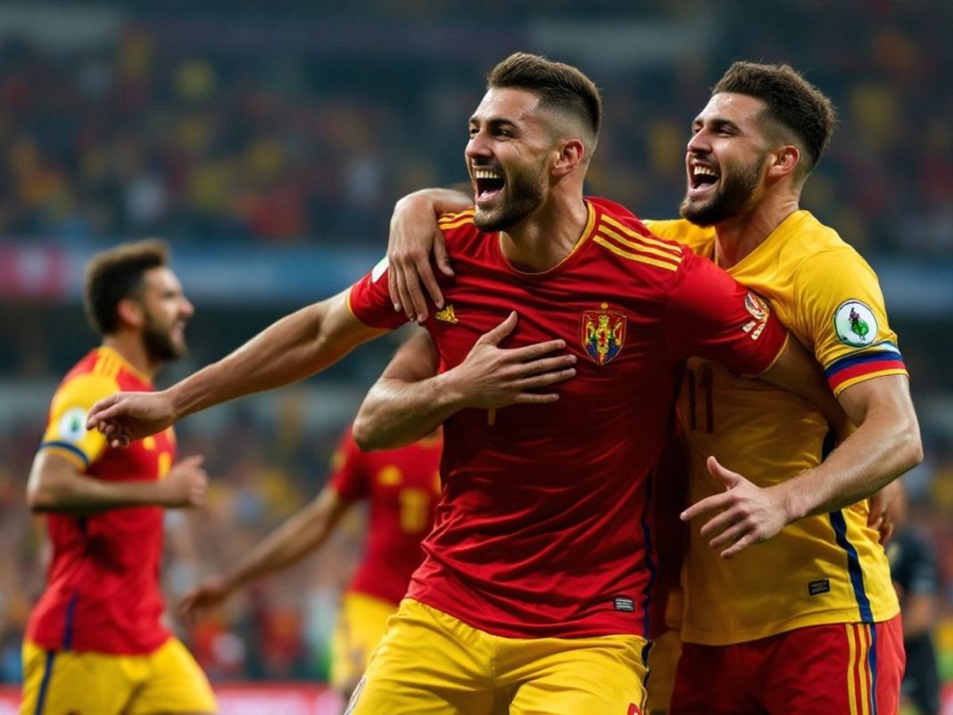 Romanian players celebrating a goal during the match.