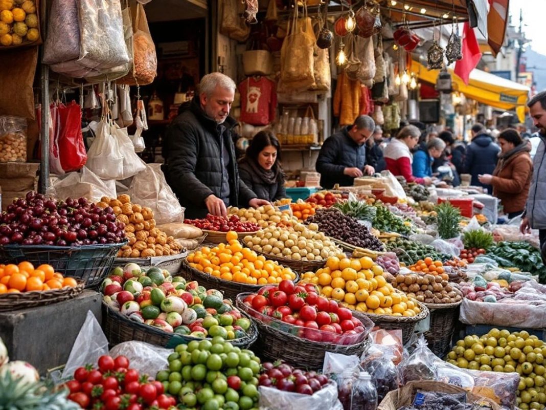 Market scene with Serbian goods in Kosovo.