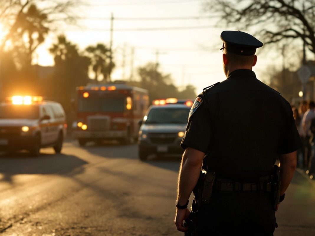 Police officer on alert in a tense street scene.