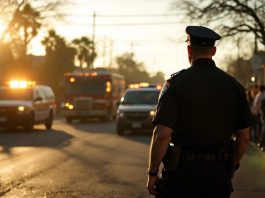 Police officer on alert in a tense street scene.