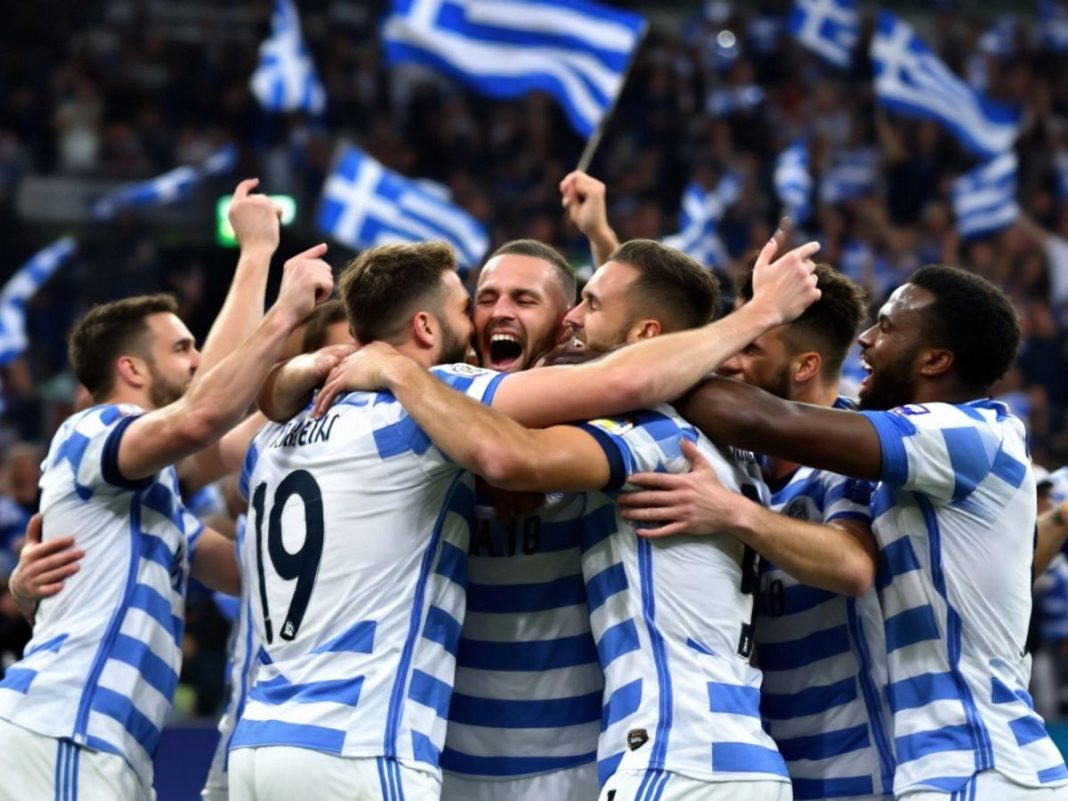 Greek players celebrate victory over England in UEFA match.