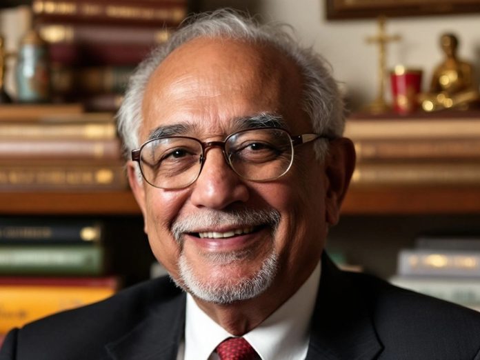 Elderly man with glasses smiling in a library setting.