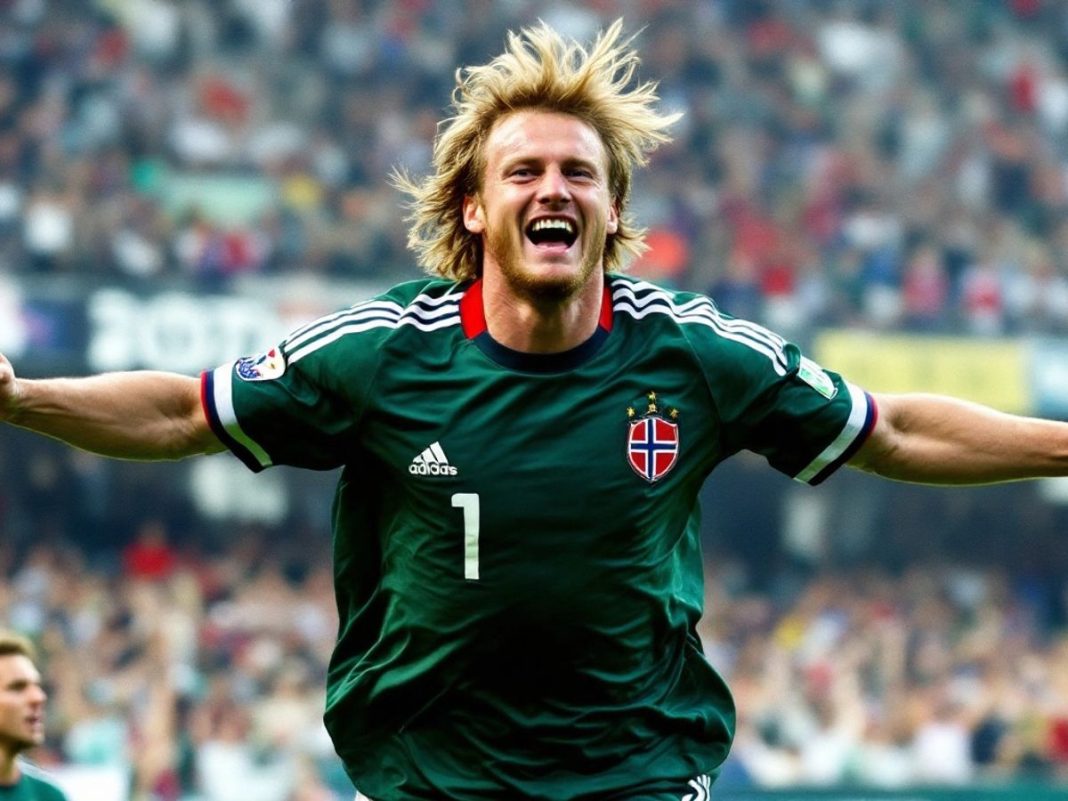 Erling Haaland celebrating a goal for Norway's national team.