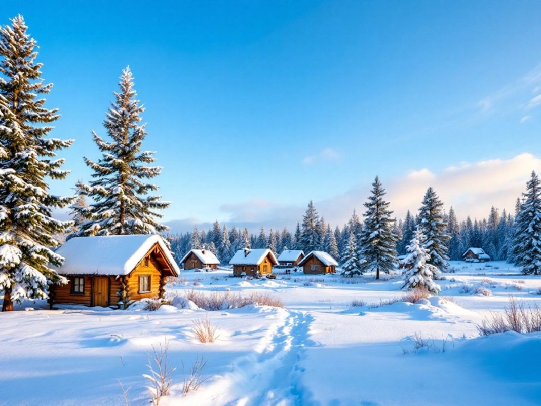 Snowy Romanian landscape with wooden houses and pine trees.