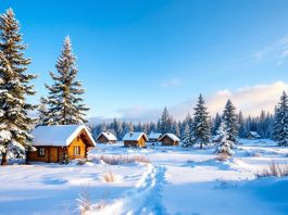 Snowy Romanian landscape with wooden houses and pine trees.